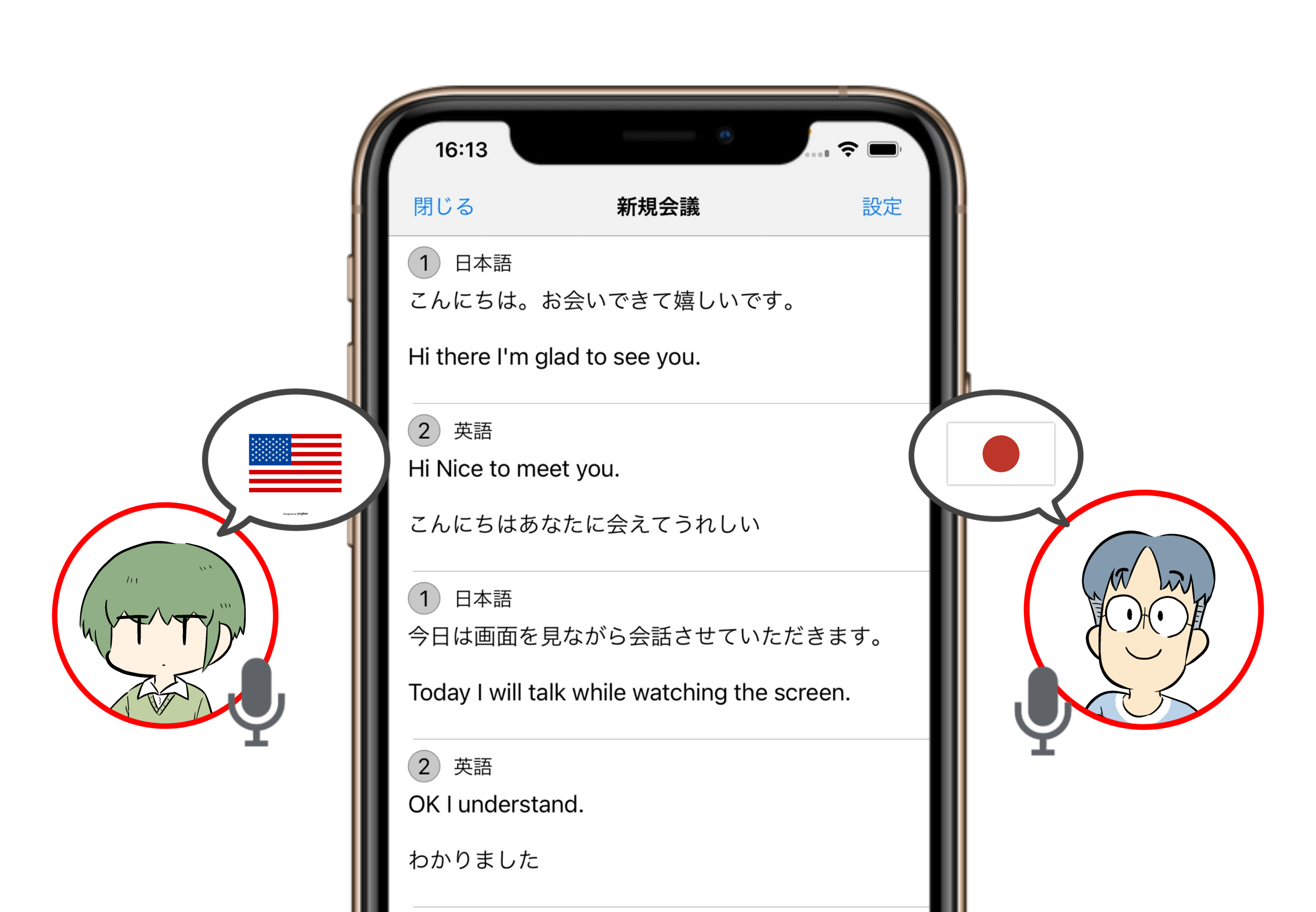 日本語と英語の話者がマイクを使い、翻訳画面を通じて同時通訳を行っているイメージ