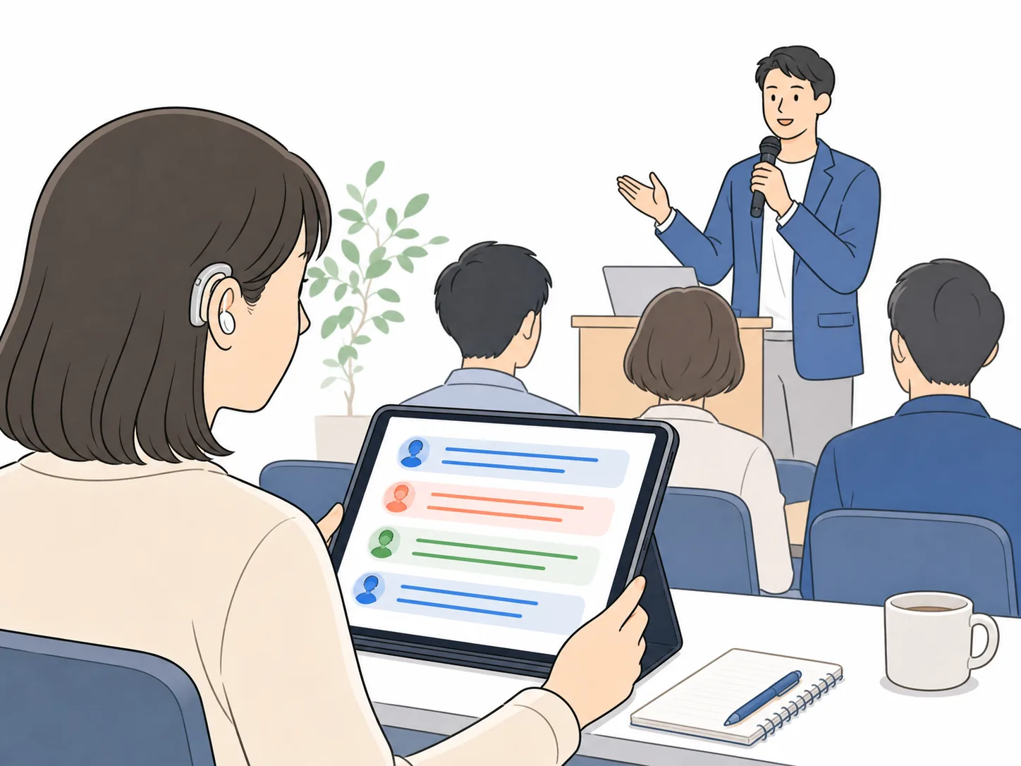 講演会で文字起こしをタブレットに表示するイメージ